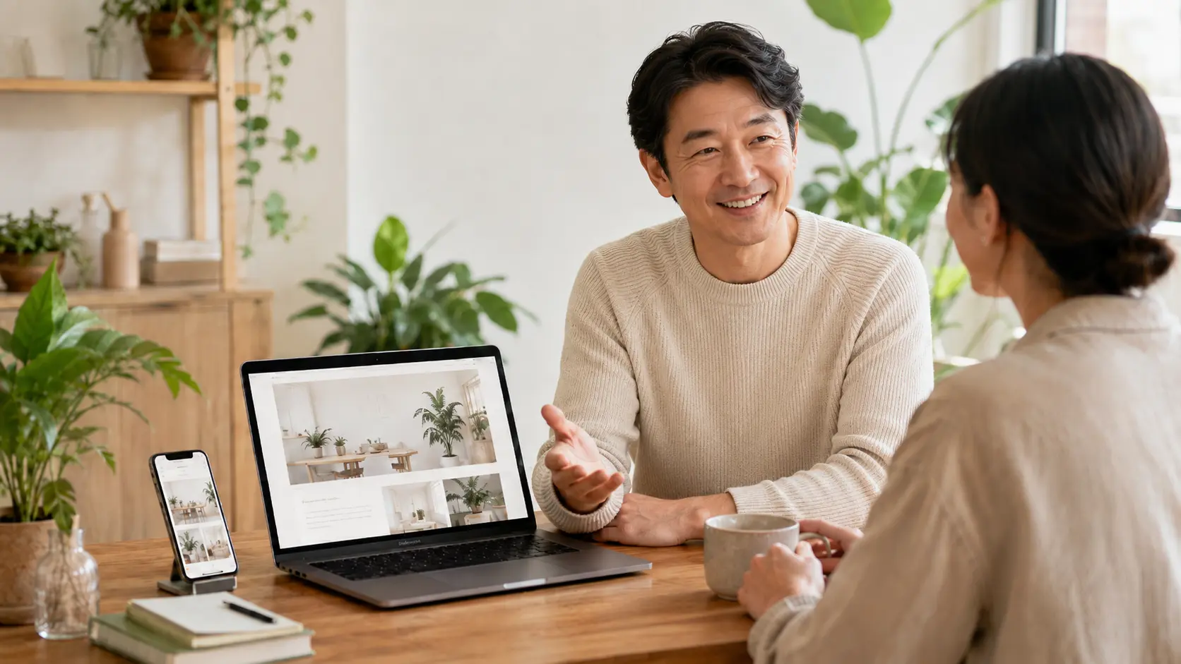 観葉植物のある明るい空間で、Webサイト制作について相談する様子