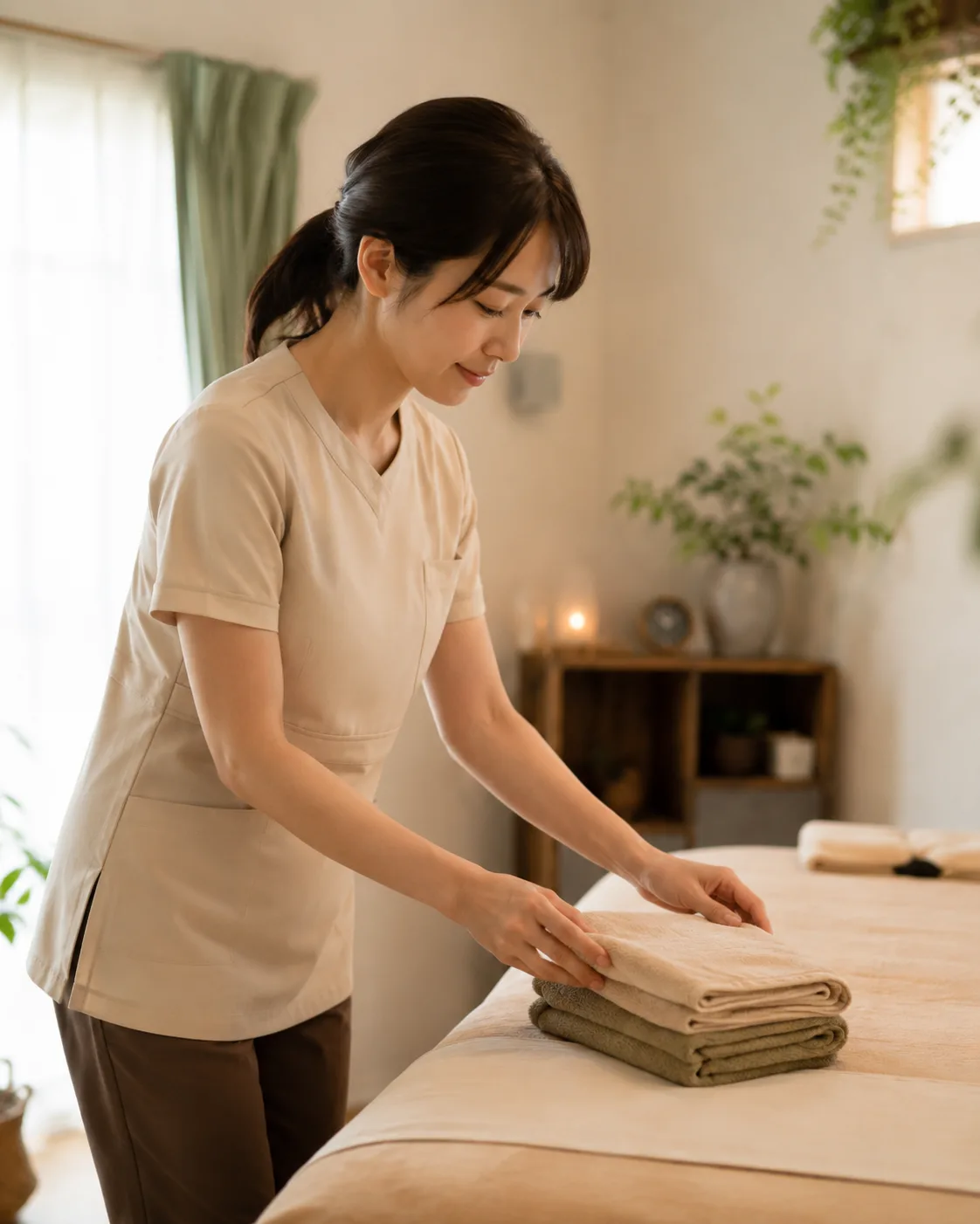サロンで施術の準備をする架空の女性セラピスト